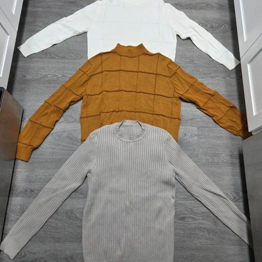Mens Sweater Lot of 3 Size XXL White Camel Grid Knit Gray Rib